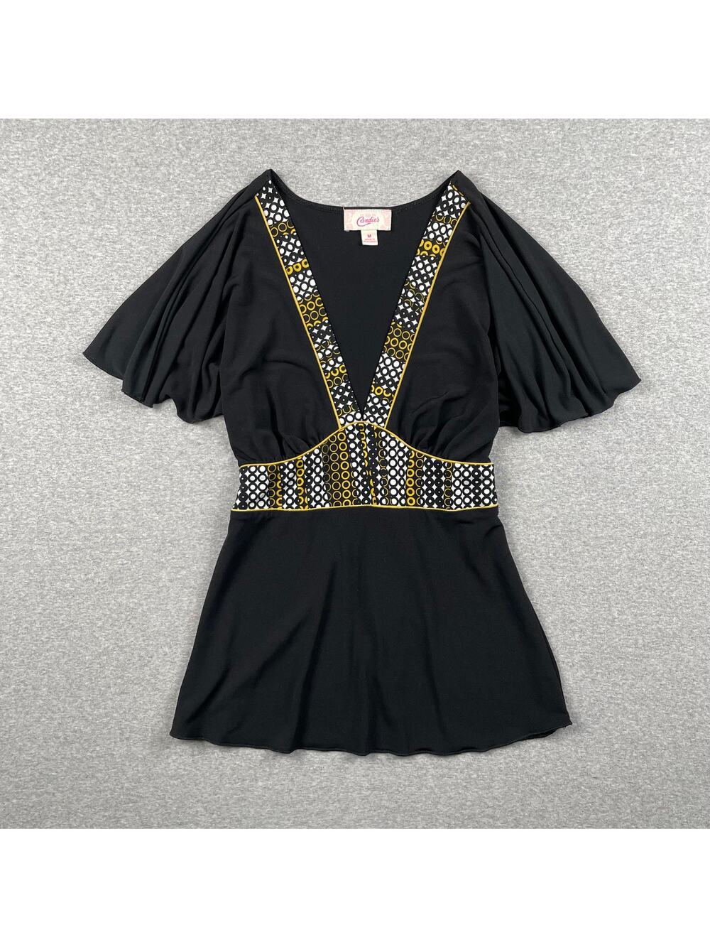 y2k Candies Babydoll Top Womens M Black Yellow Tie Waist V-Neck Flutter Sleeve